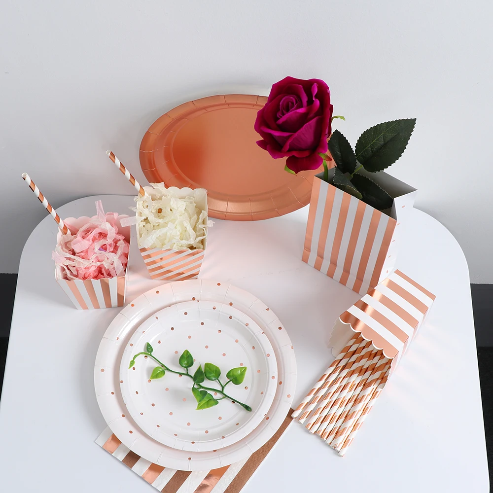 

1 Set Rose Gold Theme Tableware Sets Popcorn Box Cup Plate Party Tableware for Wedding Decor wedding favors and gifts