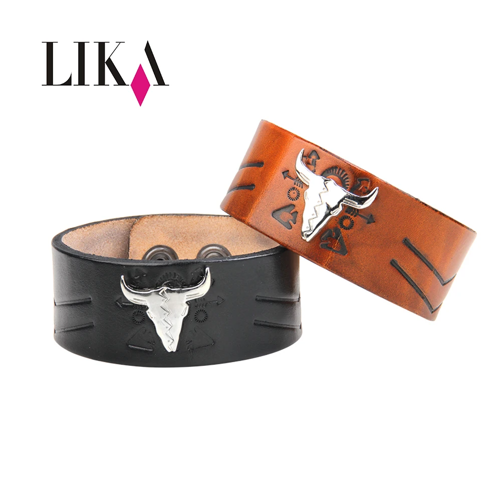 

LIKA Tau Punk Genuine Leather Bracelet Men Vintage Wide Bangles Adjustable Buckle Wristband Male Jewelry Black & Brown Bracelet