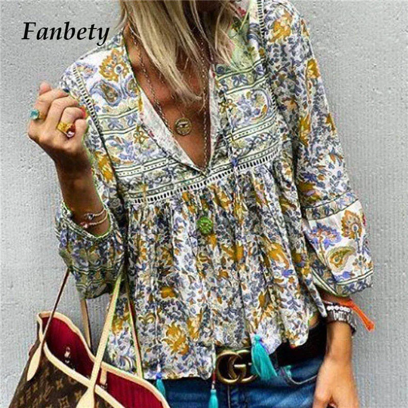 

Fanbety 2019 Autumn Sexy V-Neck Tassel Blouse Women Floral Print Lantern Sleeve Shirts Tops Summer Lace Patchwork Retro Blouses