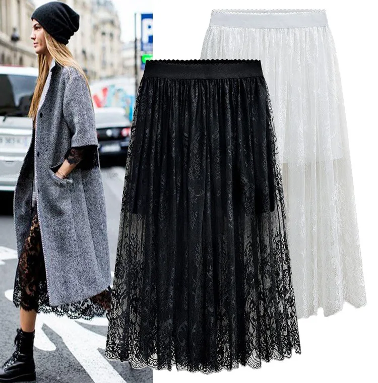 Модная кружевная юбка, женская летняя плиссированная юбка с высокой талией размера плюс M-5XL 6XL длинная Весенняя летняя кружевная шифоновая юбка черного и белого цвета