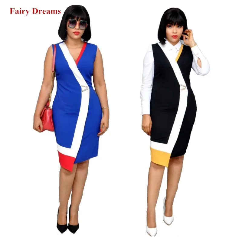 

African Bodycon Dresses Women Blue Black Patchwork African Clothes Dashiki Ankara Office Ladies Summer Pencil Dress Ropa Dama