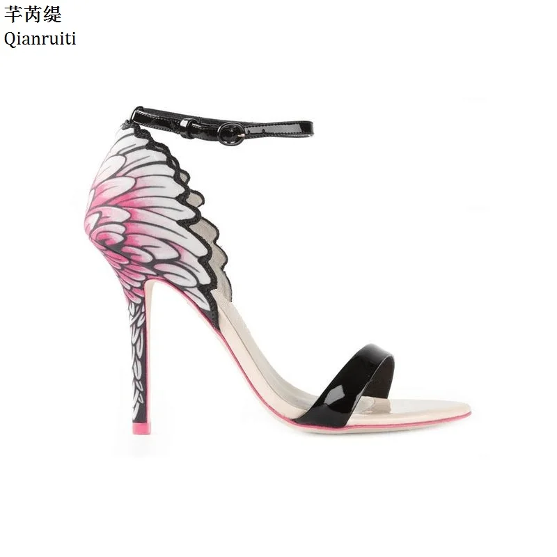 

Qianruiti Printing Leather High Heels Women Sandals Open Toe Stiletto Heels Women Wedding Shoes Ankle Buckle Strap Women Pumps