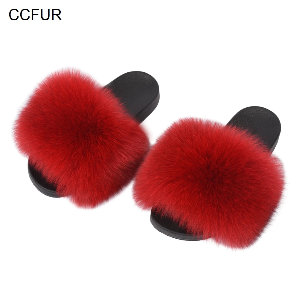 

14cm Wider Fur Women Fox Fur Slides Real Fur Slippers CCFUR BIG Fluffy Fur Fashion Indoor Lady Natural Fur Sliders S6042