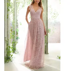 Элегантный Высокое качество телесный розовый кружево шифон Глубокий v-образный вырез платья подружки невесты платье для свадебной