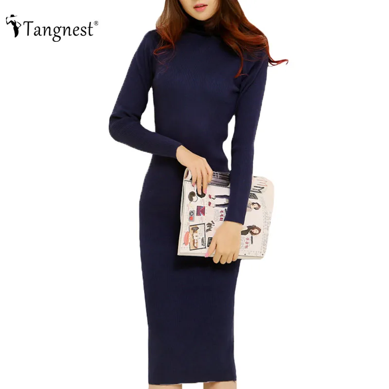 TANGNEST Fashion 2016 Women Autumn Winter Sweater Dresses Slim Turtleneck Sexy Bodycon Solid Color Robe LongKnitted Dress WZQ128