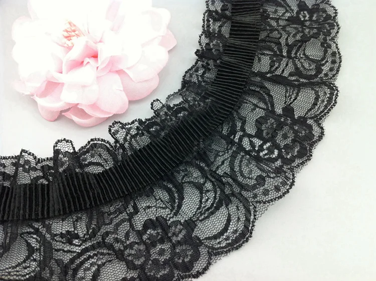 5 yard 9cm 3.54" wide black stretch elastic ruffled tapes lace trim