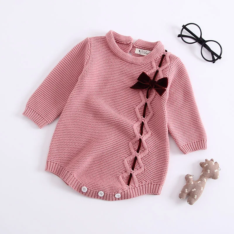 

New 2018 Autumn Winter Baby Girls Knitted Romper Lovely Bows Overalls Infant Girls Jumpsuit Baby Onesie Fashion Baby Clothes