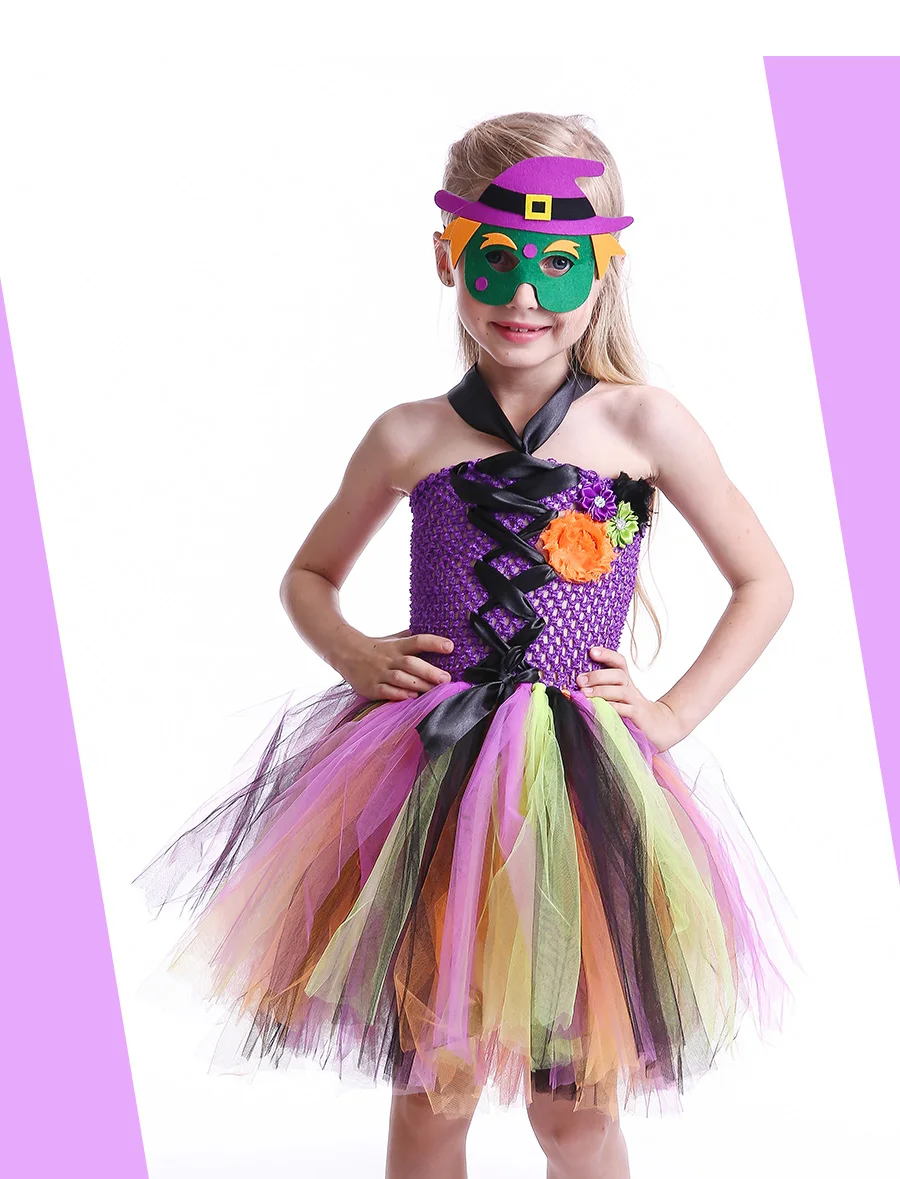 Girls Witch Tutu Dress with Mask Rainbow Style Kids Halloween Costumes Tulle Flower Baby Girl Fancy Carnival Party Tutu Dresses (2)