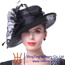 Kueeni Mujeres Sombreros de La Iglesia Sombreros Elegante Dama Sombreros Sinamay Color Negro Modelo Geométrico Señora Del Banquete de Boda de La Manera de Ala Ancha Sombreros