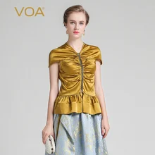 VOA Летняя шелковая Роскошная Королевская Футболка в стиле дворца, Модная Золотая шелковистая тонкая женская футболка с v-образным вырезом на молнии и коротким рукавом BZX00201
