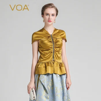 

VOA 2020 Summer Silk Luxury Palace Style Queen T Shirt Fashion Golden V-neck Zipper Silky Short Sleeve Slim Women Tops BZX00201