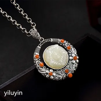 

KJJEAXCMY Fine jewelry S990 pure silver peacock peacock hollowed mosaic jade blue sand stone Hong Kong Jade Pendant