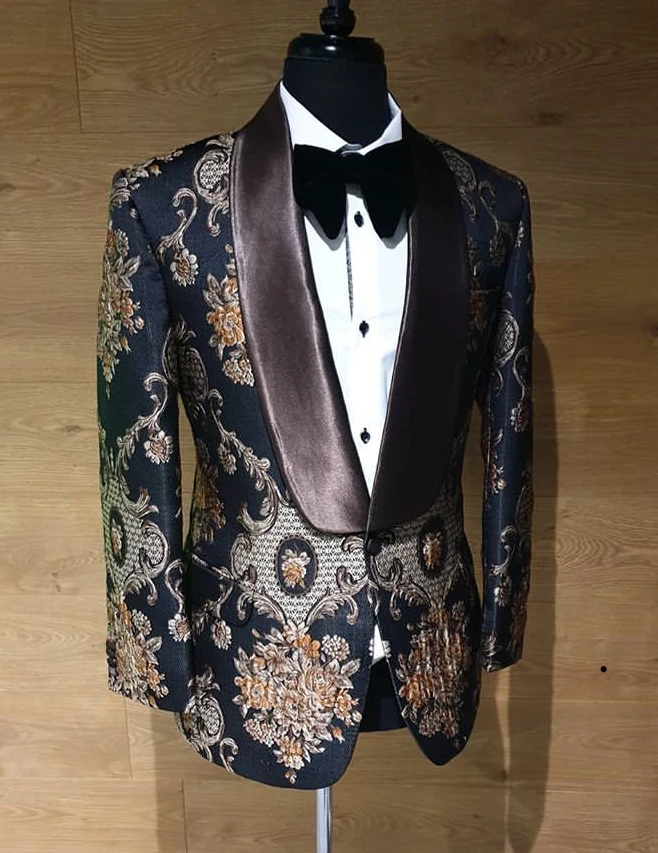 

2019 New Airtailors Brand Black Floral Paisley Pattern Shawl Collar Dinner Jacket for Wedding Plus Size