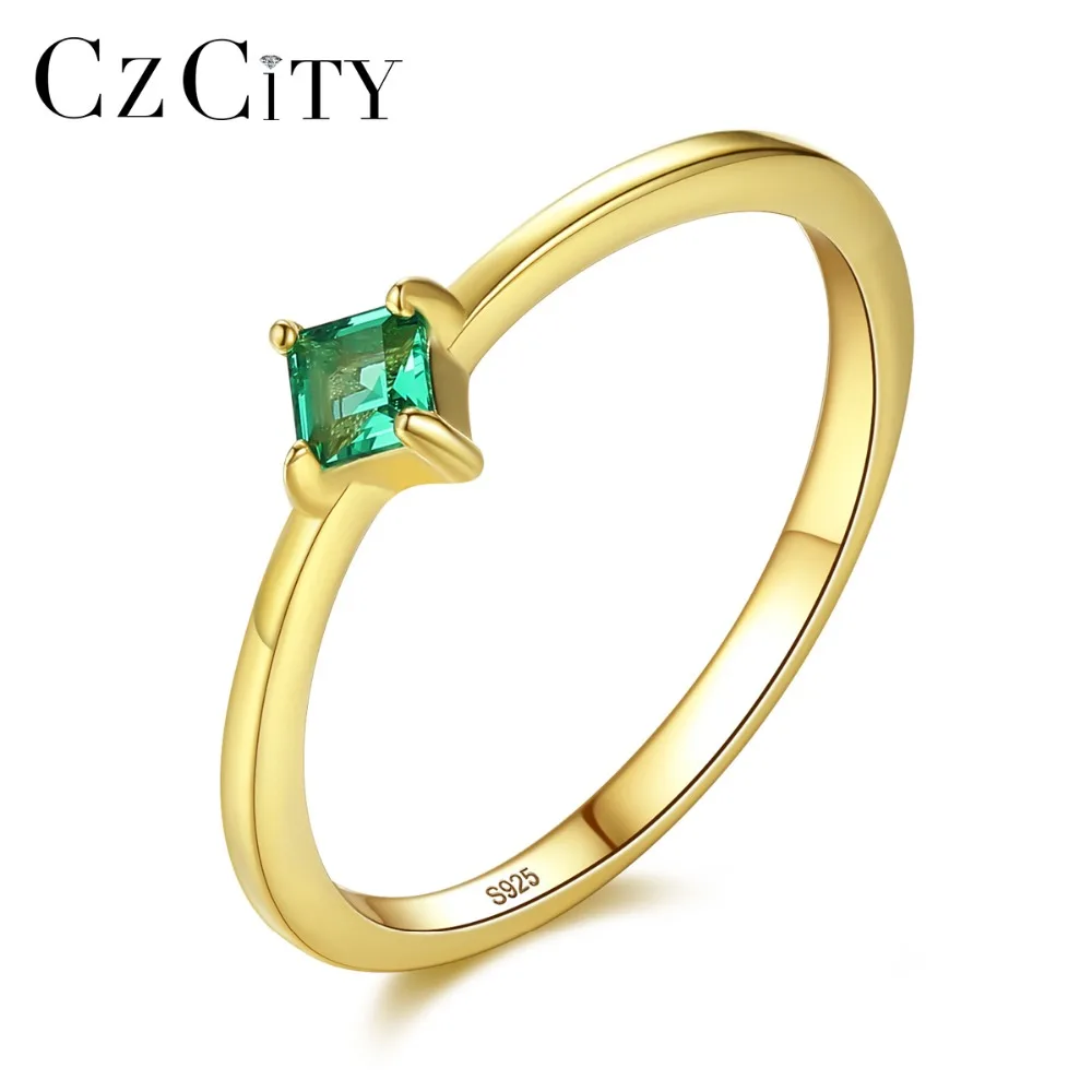 CZCITY Square Shape VVS Emerald Green Rings for Women Real 925 Sterling