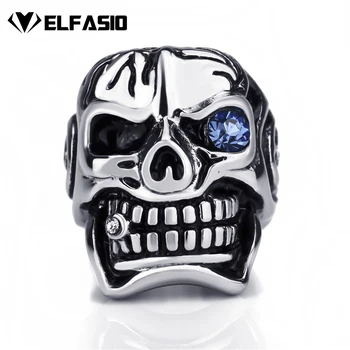 

Mens Stainless Steel Ring Silver Huge Skull Blue/Red/Green Eye Cigar CZ Biker Jewelry Us Size 7-15