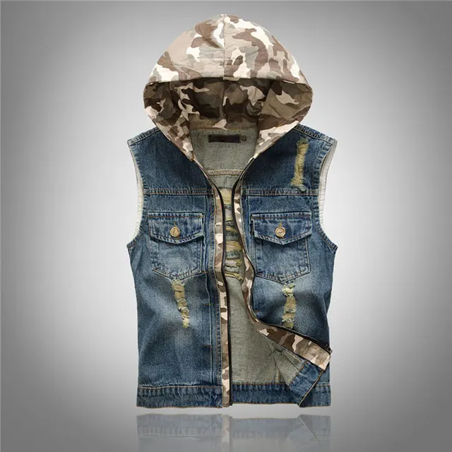 Autumn Brand Men Ripped Jean Hooded Vest Men's Hoody Waistcoat Patchwork Camouflage Denim Jeans