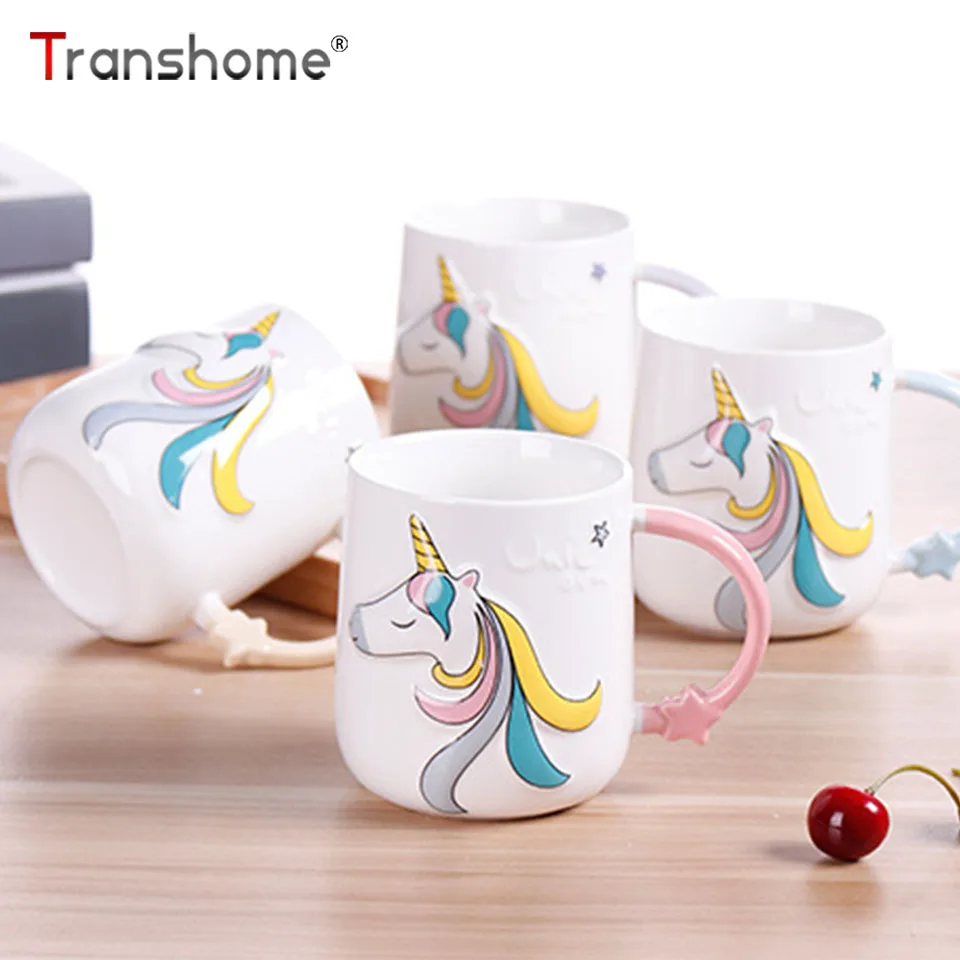 Кружка Transhome с милым единорогом, кофейные кружки для путешествий, креативная керамическая кружка для кофе, фарфоровая чайная чашка, керамическая чашка для молока, портативные чашки