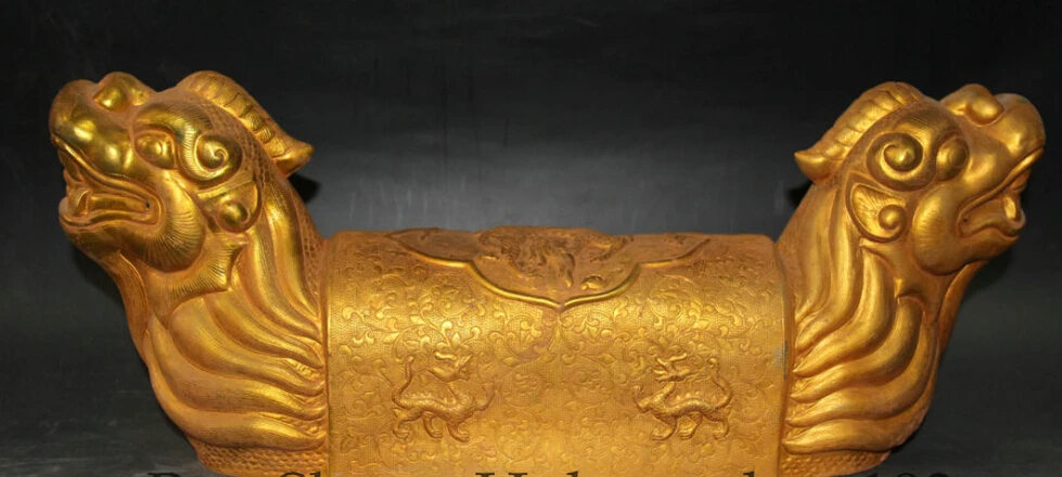 

18 Chinese Dynasty Palace Bronze Gild Two Unicorn Beast Pi Xiu Head Pillow R0710
