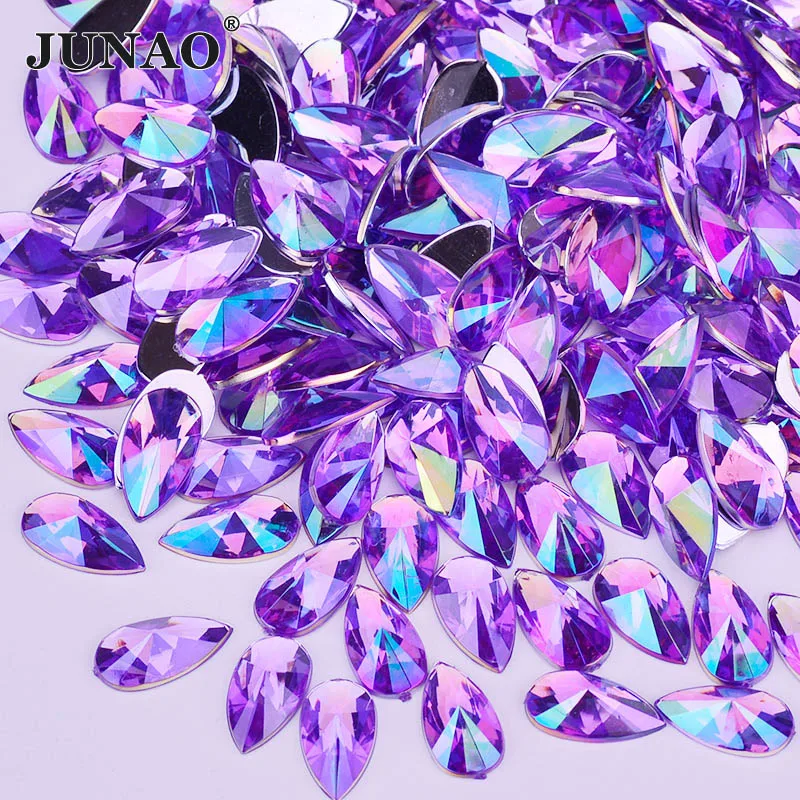 JUNAO 8x13mm 9x18mm Purple AB Crystal Drop Rhinestone Applique Flat Back Acrylic Crystal Stone Non Hotfix Strass Scrapbook Beads