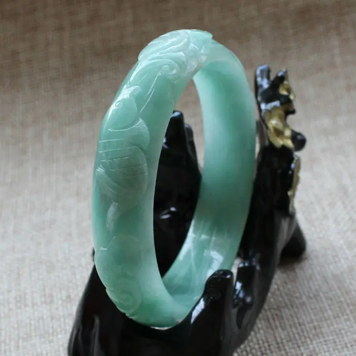 

5996 Chinese Hand-carved Emerald Green Jadeite Jade Gems Bracelet Bangle 59mm