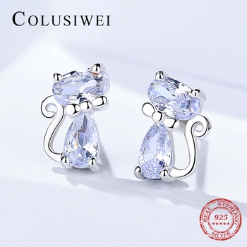 

Colusiwei Cat Silver Stud Earrings Genuine 925 Sterling Silver Clear CZ Cute Animal Ohrringe Hypoallergenic Female Gift Brincos