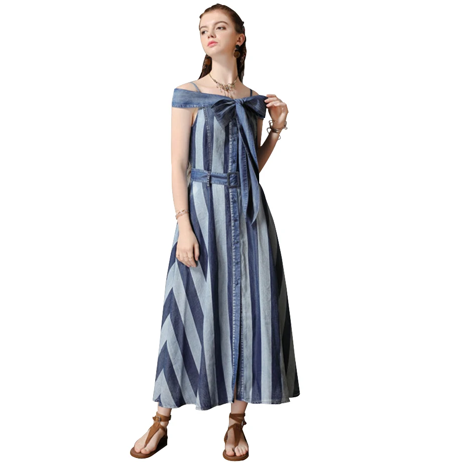 Women summer dress 2019 vintage big bow maxi dress slask neck denim dress off shoulder dresses striped button woman party night