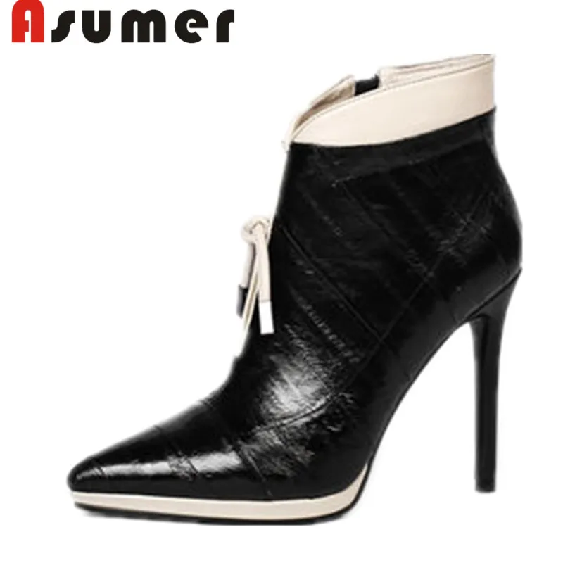 

ASUMER 2018 NEW black ankle boots for women platfrom shoes thin heels autumn boots pointed toe fashion genuine leather boots