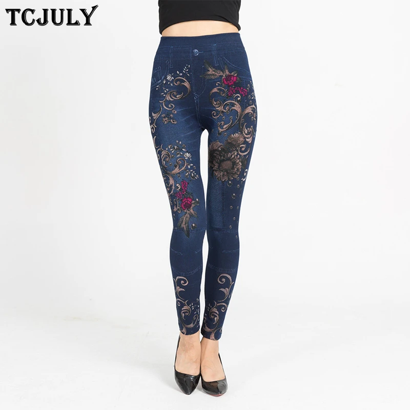 

TCJULY Spring Autumn Wear Skinny Push Up Leggings High Waist Stertch Jeggings Jeans For Women Seamless Printed Slim Pencil Pants