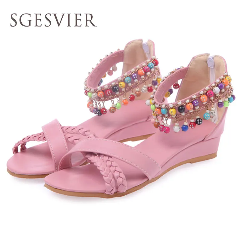 

SGESVIER Bohemia Ethnic Soft Comforable Ankle String Bead Open Toe Purple Pink White Wedges Zipper Shoes Woman Size 30-43 VV813