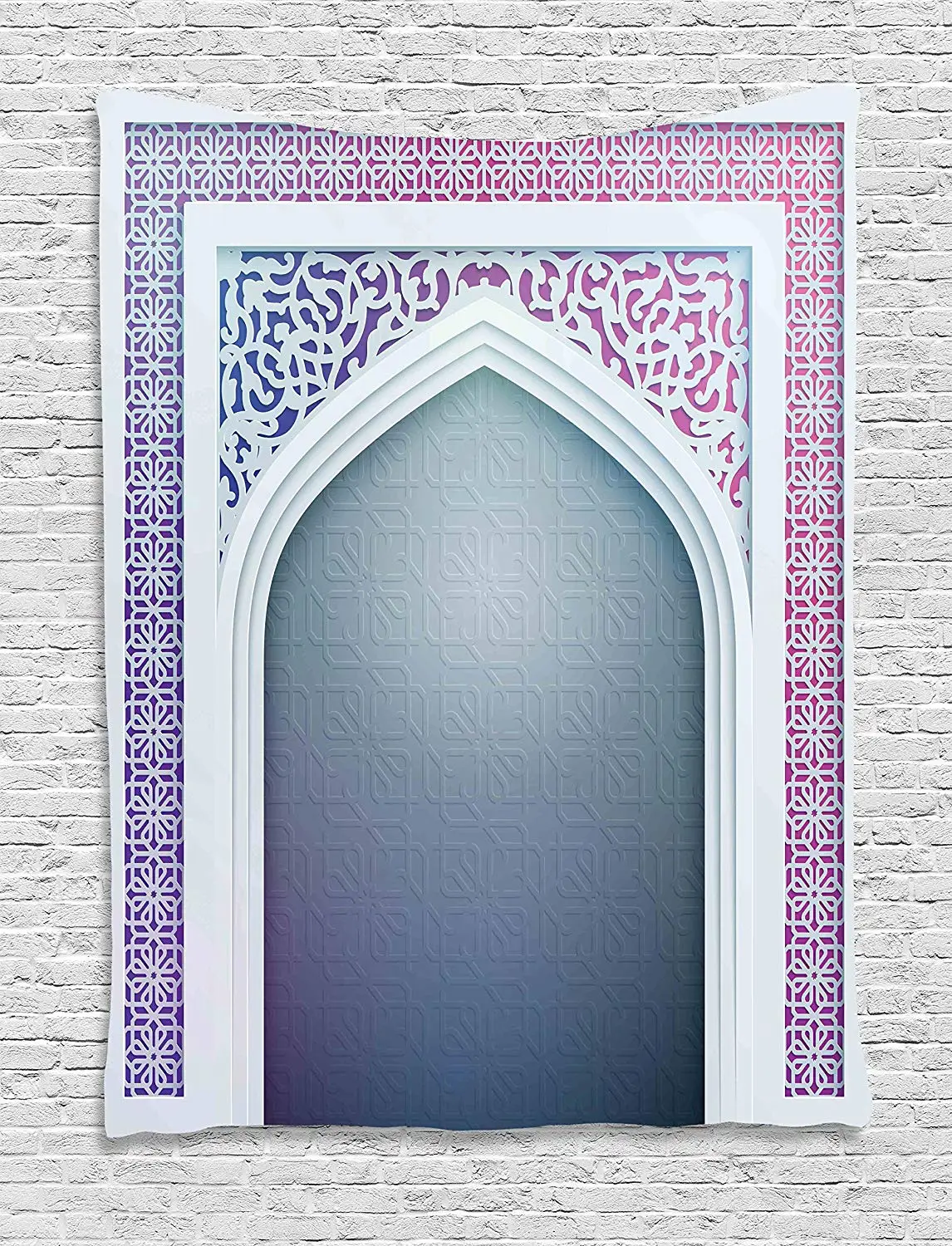 

Moroccan Tapestry Decor Old Fashion Ottoman Arch Door Surrounded Digital Featured Sacred Geometry Motif Wall Hanging Mauve Grey