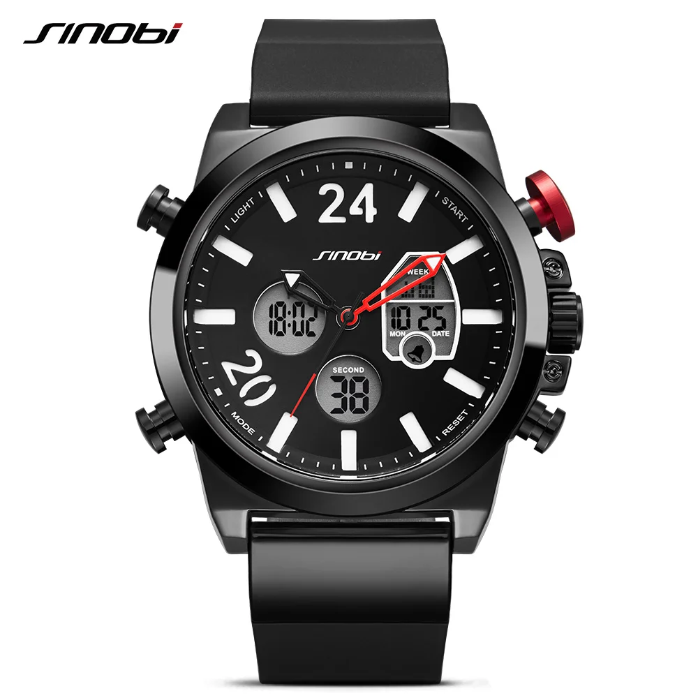 

SINOBI 2 Movement LED Clock Men's Silicone Watchband Quartz Wristwatch for Man Digital Sports Chronograph Watch