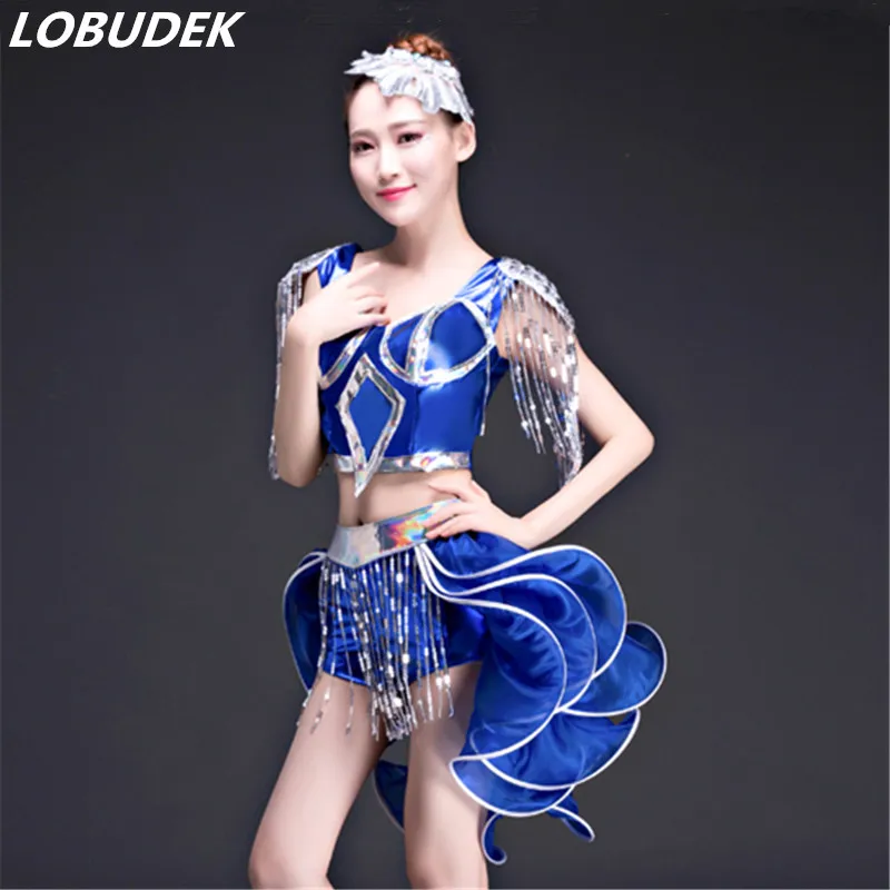 top shorts suits fashion sequins Swallowtail skirt set female team dance performance costume Festival party