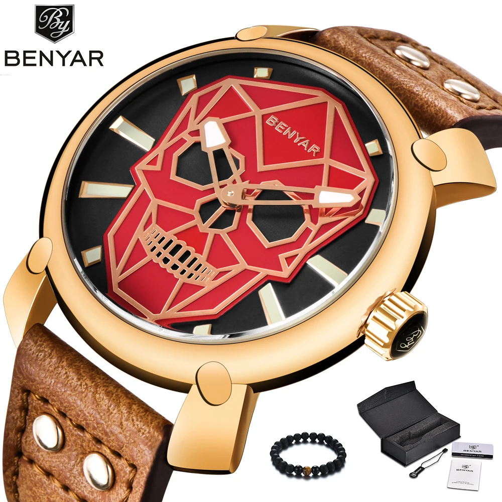 

Benyar New Fashion Men Wristwatch 2018 Punk Skeleton Watch Quartz Vintage Mens Watch Leather Band Gold Watches Men reloj hombre