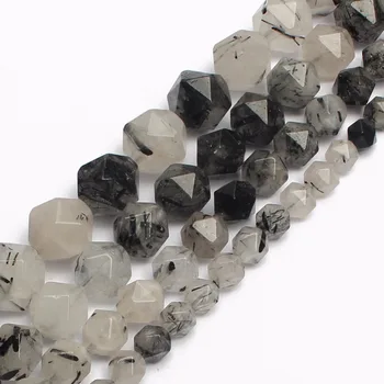 

Natural Faceted Stone Beads Black Rutilated Quartz Beads For Jewelry Making 15inches/strand 6/8/10/12mm Pick Size