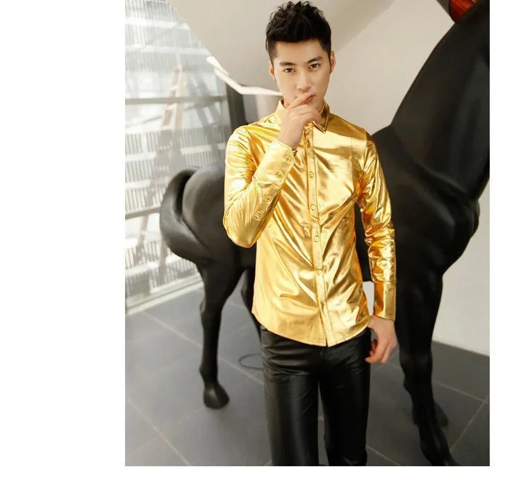 Золотая рубашка для мужчин черная серебряная роскошная мужская рубашка с длинным рукавом из искусственной кожи Золотое представление роскошная мужская s рубашка для ночного клуба