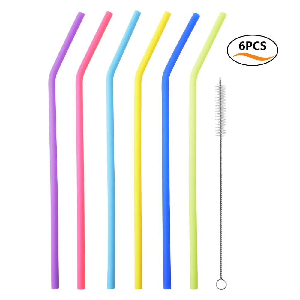 

6pcs Reusable Drinking Straws Foldable Collapsible Silicone Straws Colorful Glass Straw with Cleaning Brush Bar Accessories