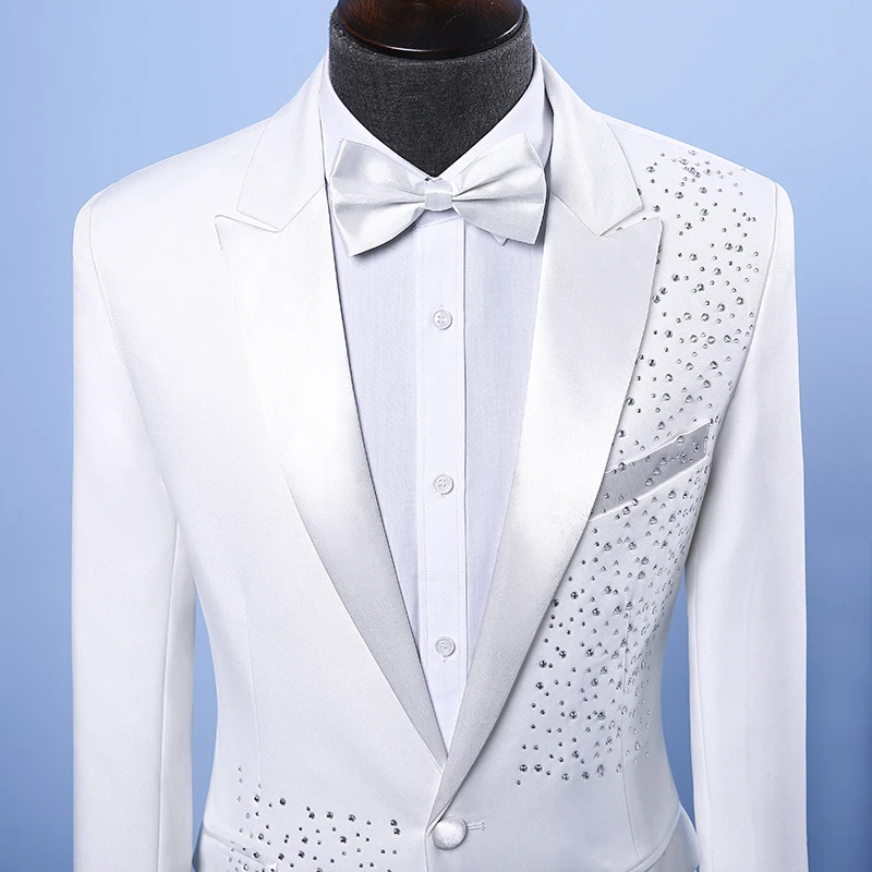 Men's Formal Suits Black white Crystals Slim Blazers Group musical performance Costume Wedding Party Prom Host singer Stage suit