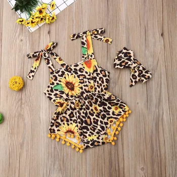 

2020 Summer Newborn Infant Baby Girls Leopard Tassel Pompoms Sunflower Sling Romper Jumpsuit Outfits with Headband for 6M-3Y