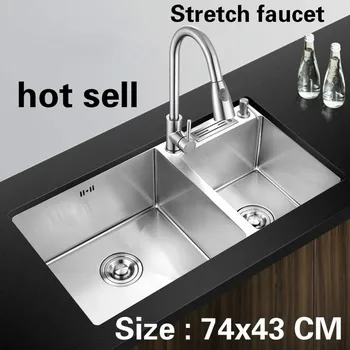 Best Free Shipping Household Standard Kitchen Do The Dishes Manual Sink Double Groove 304 Stainless Steel Hot Sell 74x43 CM