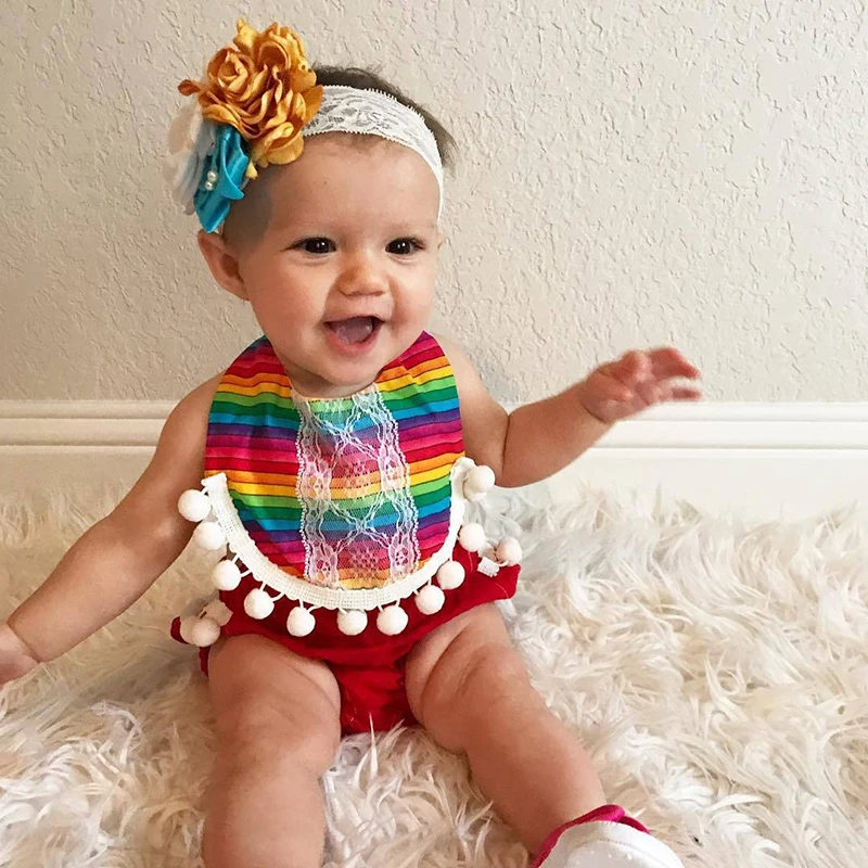 

1pc Baby Girl Bodysuit Clothes Newborn Summer Clothing Rainbow Striped Sleeveless Jumpsuit Pom Pom Lace Outfit Infant Girl