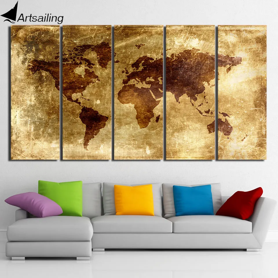 HD Printed 5 Piece Canvas Art Painting Vintage World Map Picture Posters and Prints Home Decor Modular Pictures CU-2700B