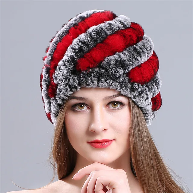 Women Genuine Knitted Rabbit Fur Hats For Women Real Fur Beanies Rex Fur Pom Poms Snow Cap
