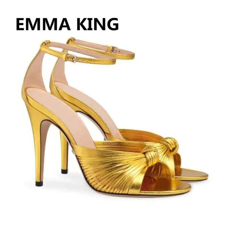 

Gold Bow-Knot Women Party Sandals Peep Toe Ankle Buckle Strap Thin High Heels Sexy Ladies Runway Shoes Woman Gladiator Sandals