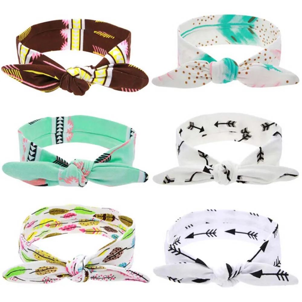 

1PC DIY Lovely Girls Bow Knot Floral Headband Hairband Rabbit Ear Feather Arrow Print Head Wrap Hair Band Accessories