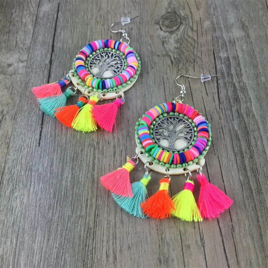 

Vintage Ethnic Silver Metal Tree Of Life Earring Colorful Tassel Drop Dangle Statement Earrings For Women Boho Jewelry Earrings