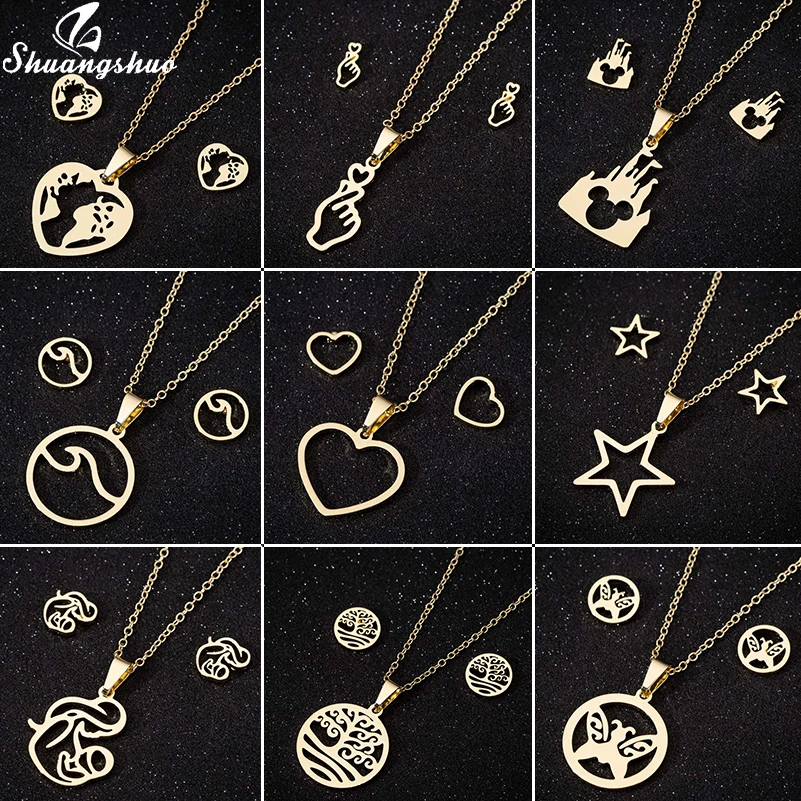 

Shuangshuo Stainless Steel Wolrd Map Necklaces Pendants For Women Choker Fashion Jewelry Mickey Butterfly Heart Gold Necklace