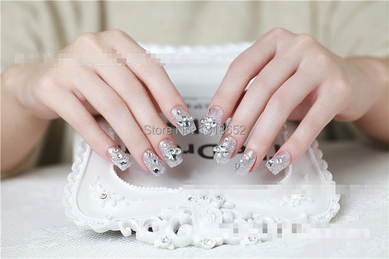 Free Ship Yd18 New Vogue Blink Silver Elegant Cute French Punk Bride Full Nails Tips False Artificial Manicure Handmade No Glue Glue Ingredients Glue On Artificial Nailsglue Swarovski Aliexpress