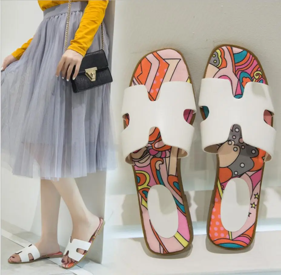 

2019 Woman Summer Fashion Slippers Shoes H Brand Peep Toe Flip Flops Women Outdoor Flat Beach Slides Plus Size
