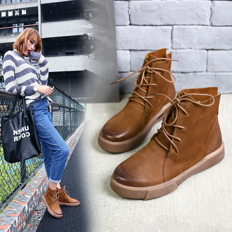 

Autumn and winter new Martin boots Women's vintage suede leather flat-bottom lace ankle boots color single boots.