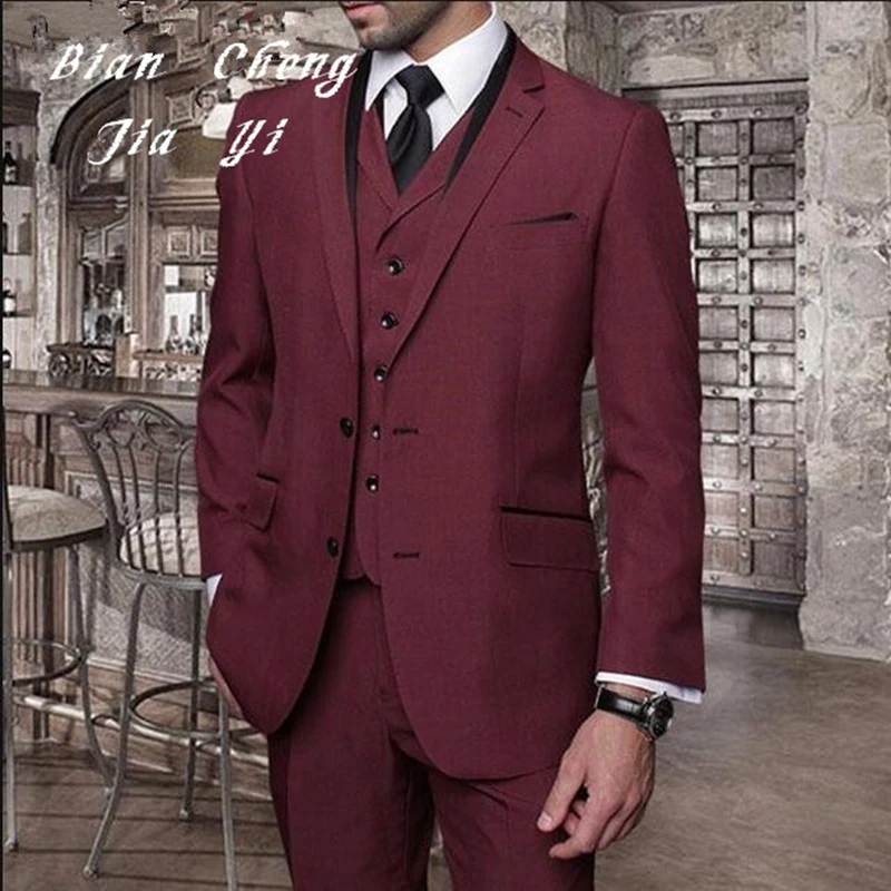 

Fashion Wine red Formal Men Suit Slim Fit Mens Suits Bespoke Groom Tuxedo Blazer for Wedding Prom Jacket Pants with Vest 3Pcs